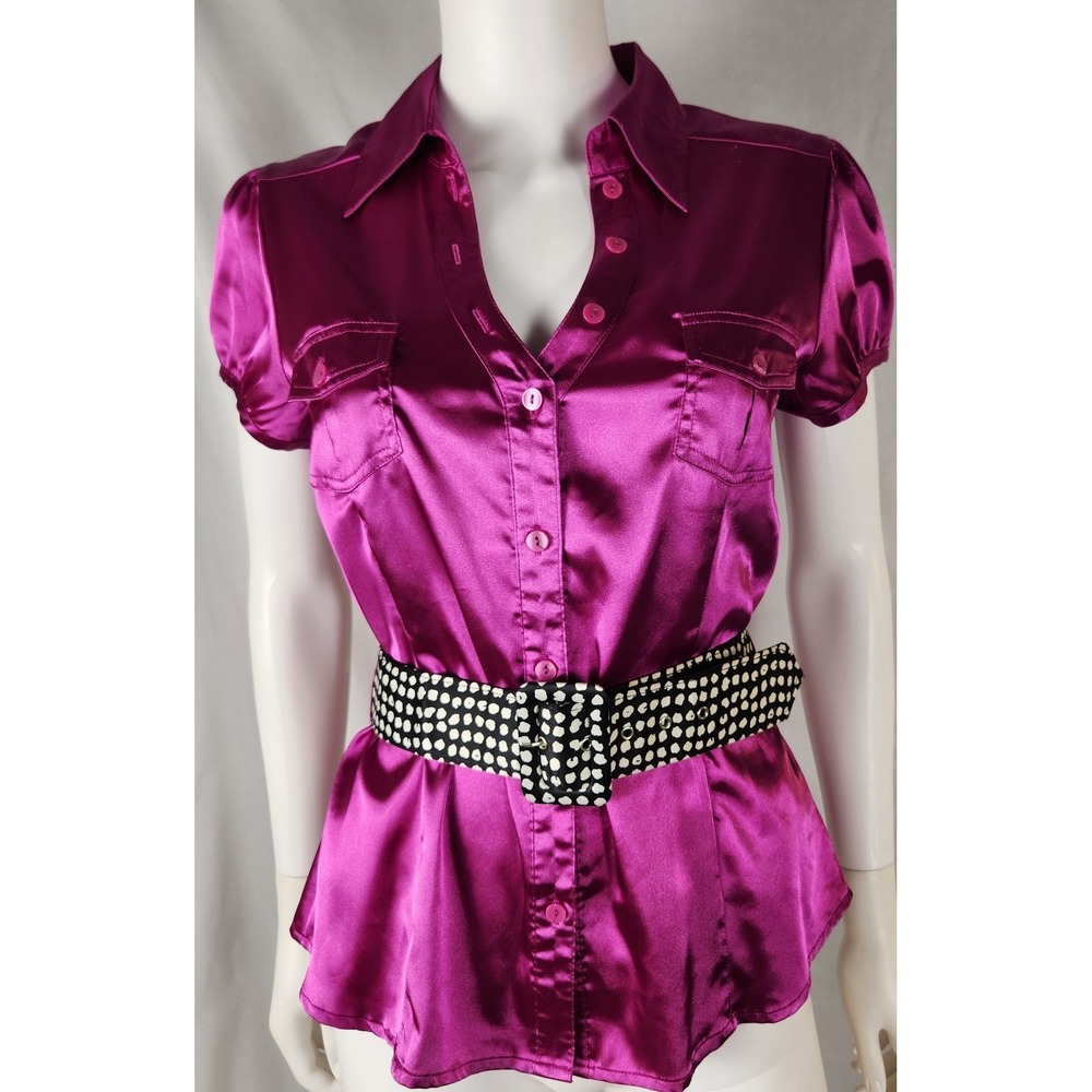 VTG 90s/Y2K/Edgy/Corpcore Fuchsia Satin Puff Sleeve Button-up Blouse L